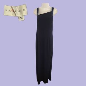 Vtg Basix II Navy Blue Beaded Formal Gown Dress Sz 10 Asymmetric Neck Maxi
